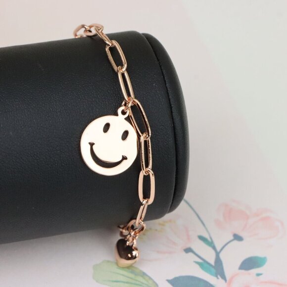 "Rose Gold Smiley Charm Bracelet with Heart Dangles, XPBL1149 - Picture 8 of 12